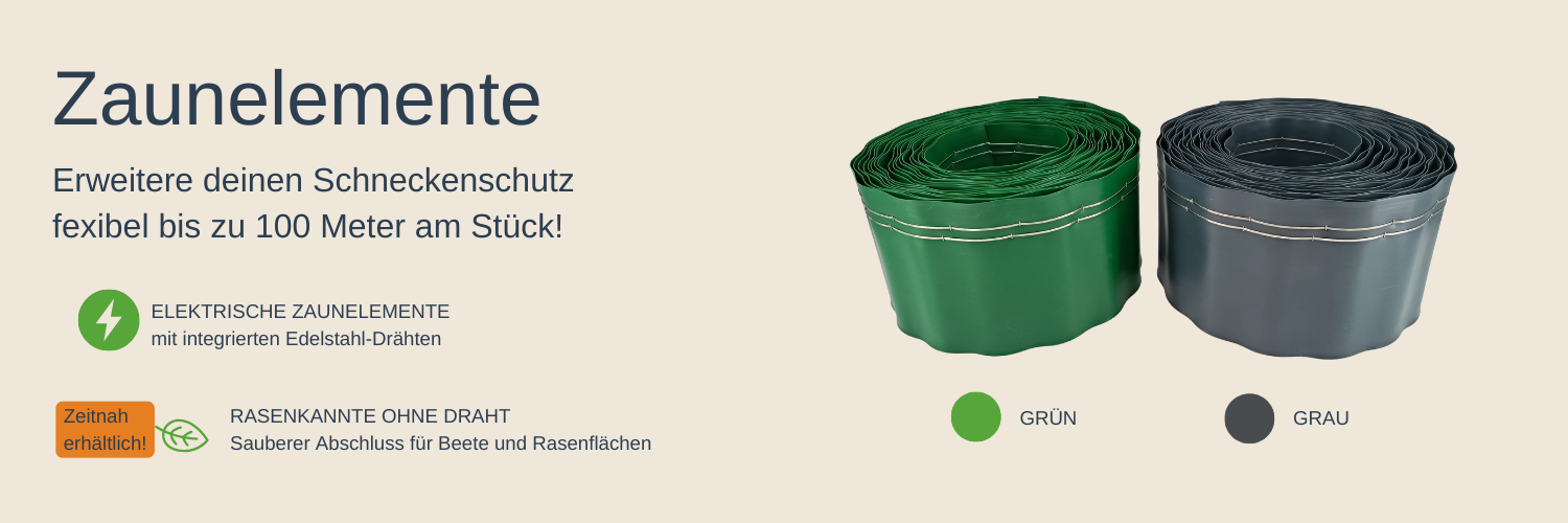 Zaunelemente für den elektrischen Schneckenzaun in Grün und Grau